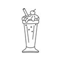 Contour cocktail icon. Tall glass milkshake with whipped cream, syrup and cherry. Hand drawn cartoon illustration. Isolated vector