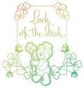 Contour color gradient frame with shamrock, teddy bear. Raster clip art.