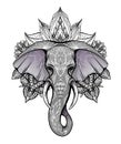 Contour color native elephant head with trunk, tusks and boho ornaments. Ganesha head with mandala. Vector silhouette