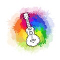 Contour color ukulele on rainbow watercolor splashes. Hawaiian music. Musical string instrument. Vector outline element Royalty Free Stock Photo