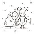 Contour coloring. A mouse decorates a Christmas tree