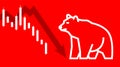 Contour curves silhouette of a bear symbol of stock trading. Downward movement. White bar on red background