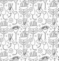 Contour decorative seamless pattern with leaves and flowers for coloring book.