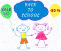 Contour drawing of boy, girl. Sale off. Back to school. Royalty Free Stock Photo