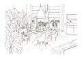 Contour drawing of cozy dining or living room furnished in trendy Scandic hygge style with table, chairs, couch. Lounge Royalty Free Stock Photo