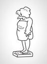 Contour drawing full fat woman standing on the scales and want t Royalty Free Stock Photo