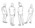 Contour drawing of group young people standing outdoors on summer day Royalty Free Stock Photo