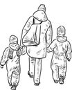 Contour drawing of mother with her little children walking outdoors Royalty Free Stock Photo