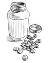 Contour drawing of scattered round pills and open plastic container