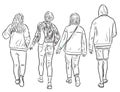 Contour drawing of students friends walking outdoors togrther