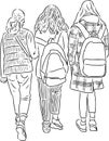 Contour drawing of students girls going along street
