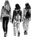 Contour drawing of three student girls walking outdoors together Royalty Free Stock Photo