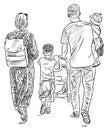 Contour drawing of young family strolling on summer day together Royalty Free Stock Photo