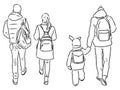 Contour drawings of casual pedestrians walking along street