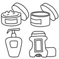 Contour drawings of cosmetics for the body. Cream, jar with an open skin care product, tonic and deodorant. Line vector