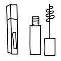 Contour drawings of decorative cosmetics. Mascara for eyes. Closed and open packaging. Sign and line vector symbol.