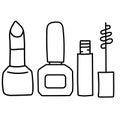 Beauty and fashion set. Contour drawings of decorative cosmetics. Mascara, lipstick and nail polish. Sign and line