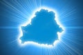 Contour electronic map of Belarus in the rays on a blue background. Glowing clear borders of the country of the