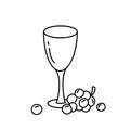 Contour empty glass with grapes. Doodle vector image. Hand drawn vertical drink concept. Outline illustration of wine. Cartoon Royalty Free Stock Photo