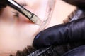 The contour of the eyebrows with a brush and close up preparatory work is carried out before the procedure of permanent