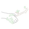 Contour gesture handshake of a man with leaves of a tree. A sign of friendship and unity with eco nature