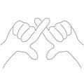 Contour gesture of two hands with crossed index fingers. Prohibition sign. Silhouette black linear contour on a white background