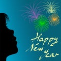 Contour of girl and fireworks in new year Royalty Free Stock Photo