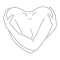 The contour of a girl in the form of a heart hugging herself in a linear style. The concept of self-love, narcissism