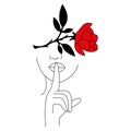 Contour of the girl with a hand gesture shows quieter, instead of eyes a red rose. Minimalism style. Suitable for decoration