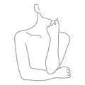 Contour girl in a pensive pose, propping up her face with her hand in a minimalist style