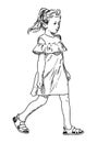 Contour hand drawing of one cute little girl in smart dress striding outdoors on summer day, vector illustration isolated on