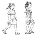 Contour hand drawing of two cute little girl in smart dresses striding outdoors on summer day, vector illustration isolated on