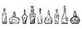 Contour hand drawings of set different wine bottles, vector sketches isolated on white Royalty Free Stock Photo