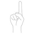 Contour hand gesture with a raised index finger up, indicating something. Silhouette black linear contour on a white background