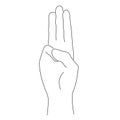 Contour hand gesture three fingers together up. Showing number three. Silhouette black linear style on a white background