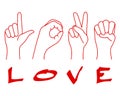 Contour hands folded into the word Love. Banner, poster vector