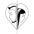 Minimalistic black and white couple profile in contour heart