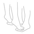 The contour of human legs, female feet are standing on male legs in the style of minimalism on a white isolated background