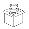 Contour illustration of a cute cat sitting in a box. Vector coloring book Royalty Free Stock Photo