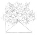 Contour illustration of an envelope with autumn leaves for books, coloring pages. Vector drawing