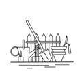 Contour illustration of gardening tools. Watering can, shovel, rake, pots and fence. An active hobby in nature. Vector outline Royalty Free Stock Photo