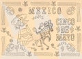 Contour illustration 12 poster design sticker with pattern frame Mexican theme for event decoration and backgrounds