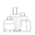 Contour illustration of various suitcases. Family travel. Linear drawing of luggage and scrub. Vector black and white element