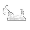 Contour illustration of a wooden carpenter plane with shavings. Old carpentry tools. Hobbies and craft. Vector outline object