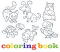Contour illustrations with Pets, dark outlines on a white background, coloring book
