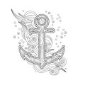 Contour image of anchor in zentangle inspired doodle style isolated on white. Coloring book page for adult and older