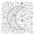 Contour image of moon crescent and stars in zentangle inspired doodle style. Square composition.