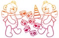 Contour image of teddy bears. Raster clip art.