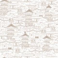 Contour Japanese architectural seamless pattern. Set of national houses and weather on a white background