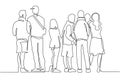 Contour line drawing group of people waiting in queue. Crowd standing at concert, meeting back view